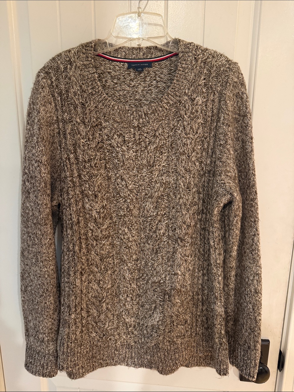 Tommy Hilfiger Women's Heathered Brown Cable Knit Crewneck Sweater Size L